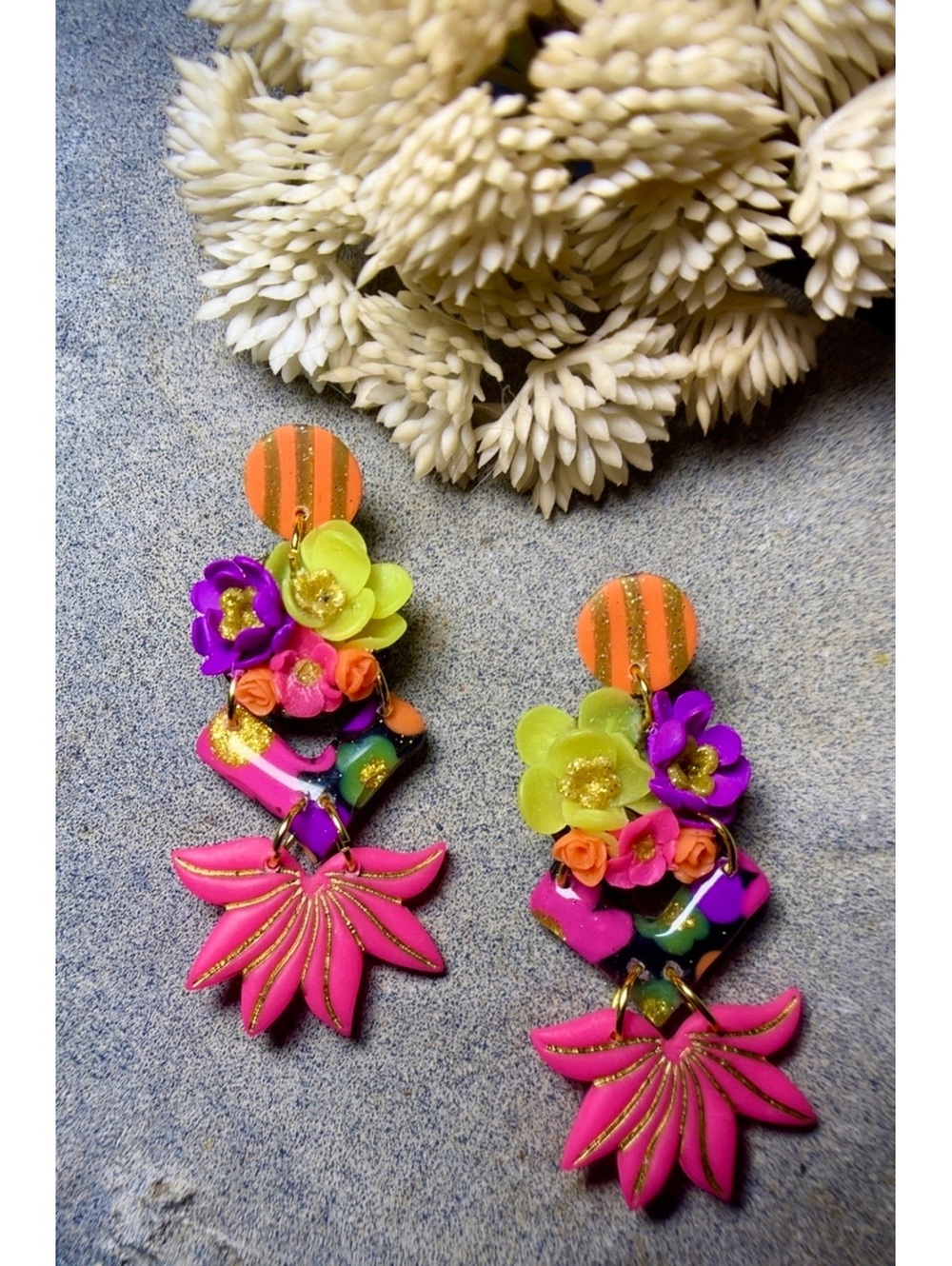 Blomprakt | Hand Sculpted Neon Floral Statement Polymer Clay Earrings